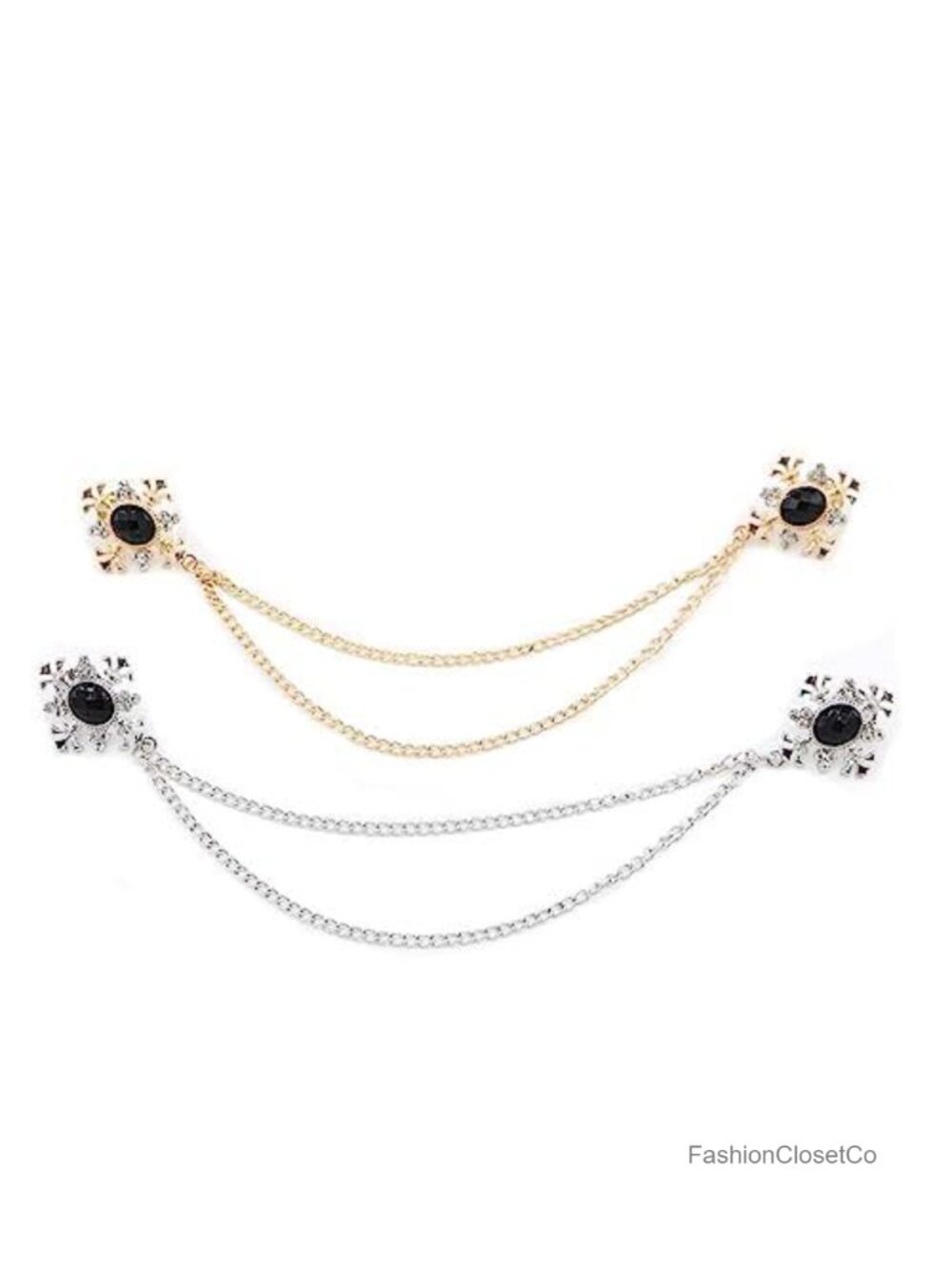 2pc Crystal Tassel Chain Brooch Set Vintage Lapel Pin for Sweater Cardigan